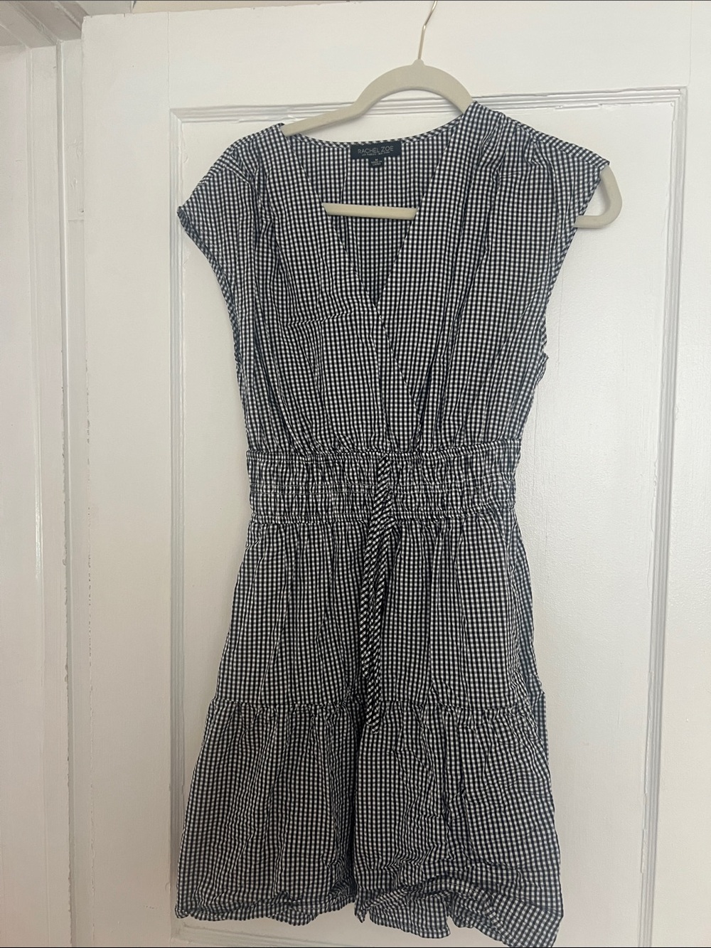 Rachel Zoe Black and White Gingham Smocked-Waist Mini Dress